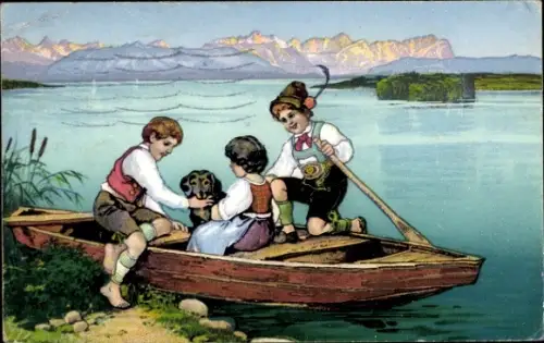 Ak Drei Kinder in einem Boot, Hund