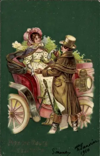 Präge Ak Elegante Dame und Herr, Automobil
