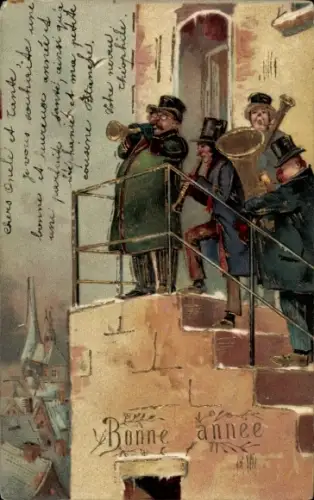Präge Ak Fröhliches Neujahr, Musikanten auf einer Treppe