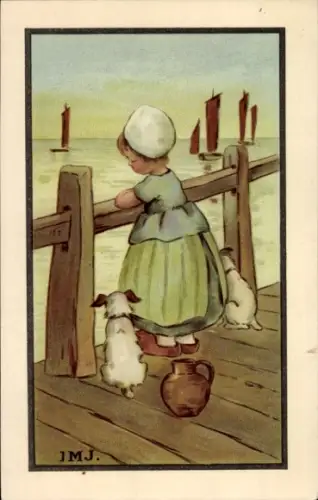 Ak Dresden Blasewitz, Mädchen mit zwei Hunden steht an einem Zaun am Meer im Hintergrund sind ...