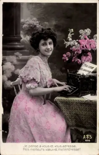 Ak Junge Frau mit Schreibmaschine, Blumen, coloriert