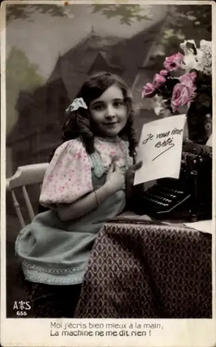 Ak Mädchen mit Schreibmaschine, Blumen, coloriert