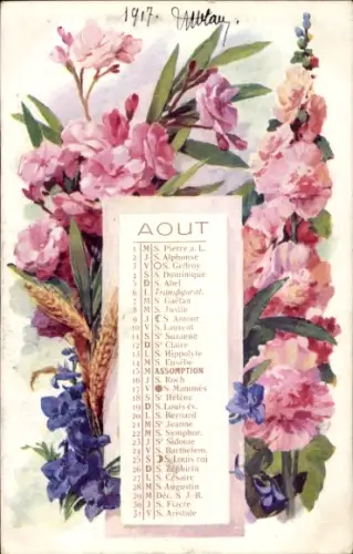 Passepartout Ak Kalender August, Schutzheilige, Blumen