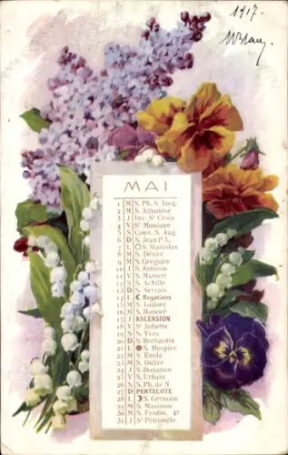 Passepartout Ak Kalender Mai, Schutzheilige, Flieder, Stiefmütterchen, Maiglöckchen