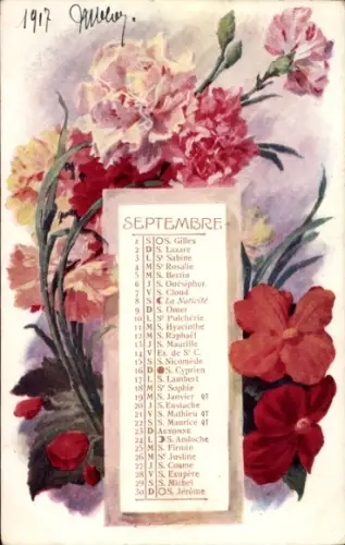 Passepartout Ak Kalender September, Schutzheilige, Nelken, Blumen