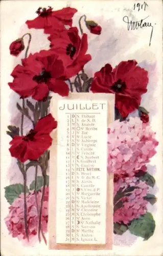 Passepartout Ak Kalender Juli, Schutzheilige, Mohnblumen
