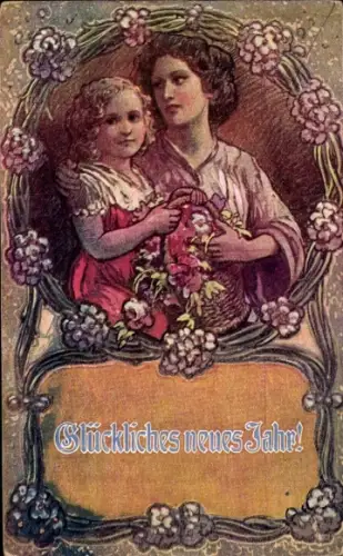 Künstler Ak Fröhliches Neujahr, Frau mit Kind, Blumenkorb