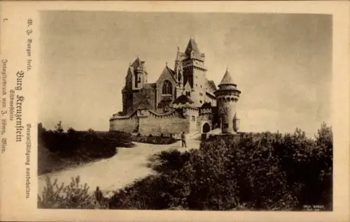 Ak Leobendorf in Niederösterreich, Burg Kreuzenstein, Turmreiches schlossartiges Gebäude auf Hüge