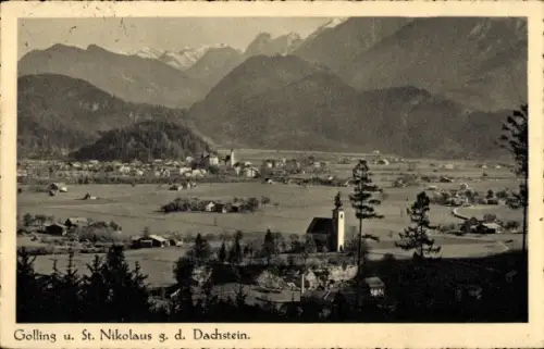 Ak Golling an der Salzach in Salzburg, Panorama vom Ort und Sankt Nikolaus gegen den Dachstein