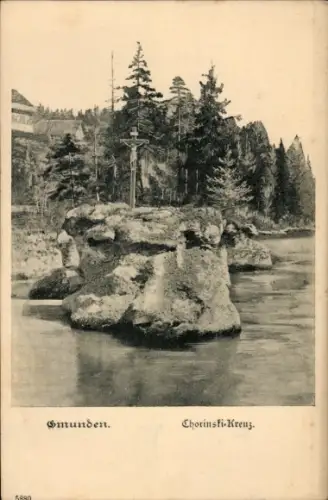 Ak Gmunden am Traunsee Salzkammergut Oberösterreich, Felsen im Wasser, Kreuz auf dem Felsen, Bäum