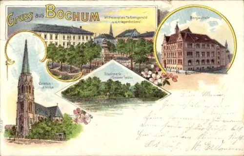 Litho Bochum im Ruhrgebiet, Amtsgericht, Kriegerdenkmal, Bergschule, Kirche, Stadtpark