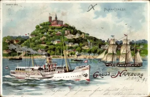 Litho Hamburg Altona Blankenese, Blick auf den Süllberg, Segelschiff, Salondampfer