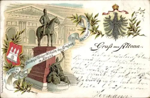 Wappen Litho Hamburg Altona, Kaiser Wilhelm Denkmal, Preussischer Adler