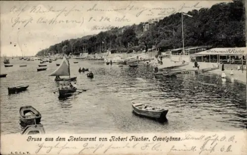Ak Hamburg Altona Oevelgönne, Boote auf der Elbe, Restaurant Robert Fischer