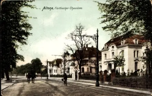 Ak Hamburg Altona Flottbek, Teufelsbrücke,  Flottbecker Chaussee, Villenstraße, Pferde, Laternen