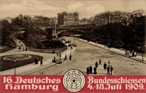 Ak Hamburg Mitte St. Pauli, 16 Deutsches Bundesschießen 1909, Kersten Milesbrücke