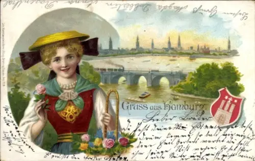 Litho Gruß aus Hamburg, Frau in Vierländer Tracht