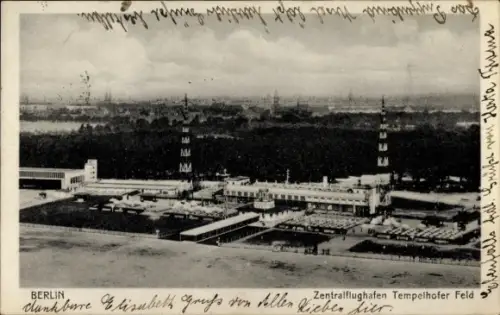 Ak Berlin Tempelhof, Zentralflughafen, Tempelhofer Feld, Fliegeraufnahme