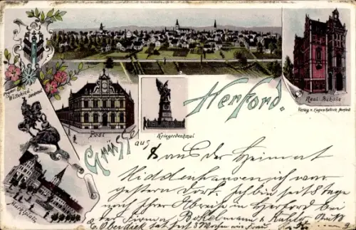Litho Herford in Westfalen, Panorama, Realschule, Post, Marktplatz, Wittekind Denkmal