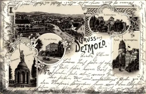 Litho Detmold in Nordrhein Westfalen, Hermannsdenkmal, Fürstl. Palais, Externsteine, Residenzschloss