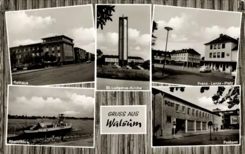 Ak Walsum Duisburg im Ruhrgebiet, Rathaus, St. Ludgerus-Kirche, Franz-Lenze-Platz, Rheinfähre, Po