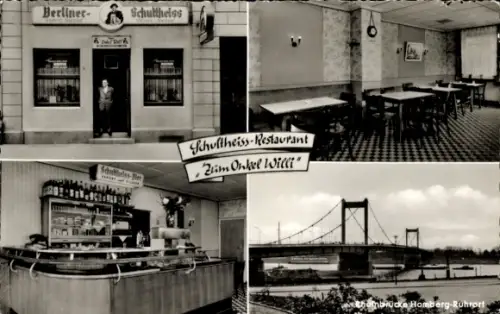Ak Ruhrort Duisburg im Ruhrgebiet, Schultheiss Restaurant Zum Onkel Willi, Rheinbrücke