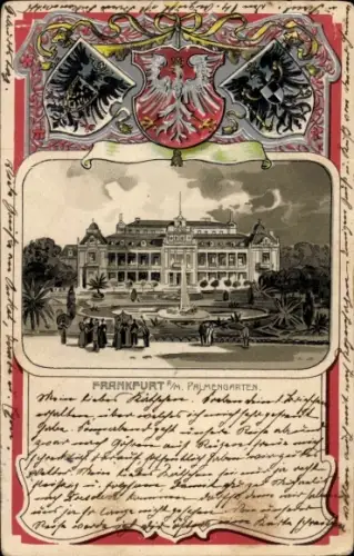 Präge Wappen Passepartout Litho Frankfurt am Main, Palmengarten