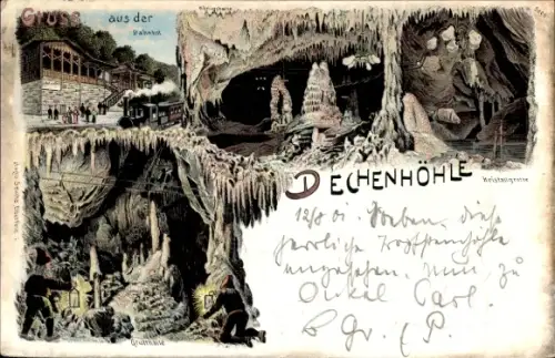 Litho Grüne Iserlohn Märkischer Kreis, Dechenhöhle, Kristallgrotte, Bahnhof, Grufthalle, Königshalle