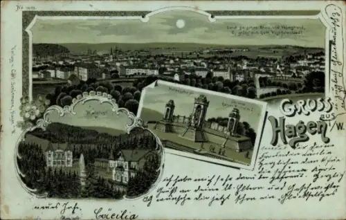 Mondschein Litho Hagen in Westfalen, Gesamtansicht, Waldlust, Kaiser Wilhelm Denkmal