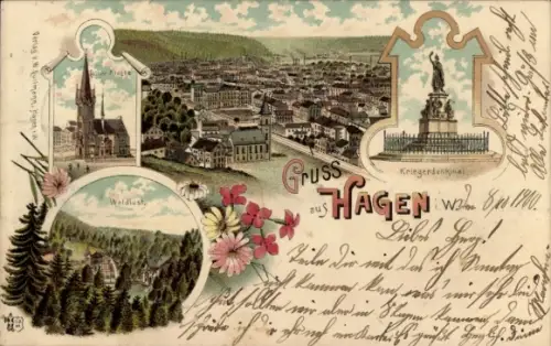 Litho Hagen in Westfalen, Gesamtansicht, Waldlust, Kirche, Kriegerdenkmal