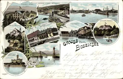 Litho Konstanz am Bodensee, Pfänder Hotel, Bahnhof, Schloss Mainau, Schloss Monfort