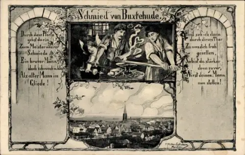 Ak Buxtehude in Niedersachsen, Gesamtansicht, Schmied