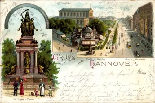Litho Hannover in Niedersachsen, Kriegerdenkmal, Hoftheater, Café Kröpcke, Georgstraße