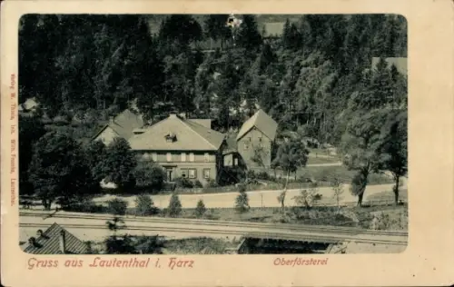 Ak Lautenthal Langelsheim im Oberharz, Lautenthal i. Harz, Oberförsterei, Bahngleise