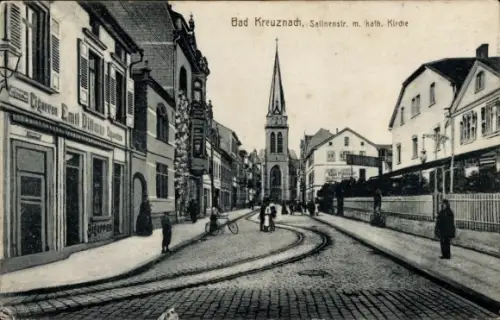 Ak Bad Kreuznach an der Nahe, Kauzenberg, Kauzenburg,  Salinenstr., kath. Kirche, Cigarren Emil D