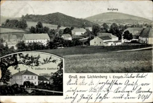 Ak Lichtenberg im Erzgebirge, Teilansicht vom Ort, Burgberg, Oelßners Gasthof