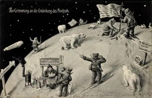Künstler Ak Zur Erinnerung an die Entdeckung des Nordpols, Eisbären, Zeppelin
