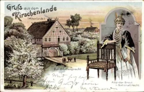 Litho Kirschenland, Blüte, Altländer Braut in Tracht