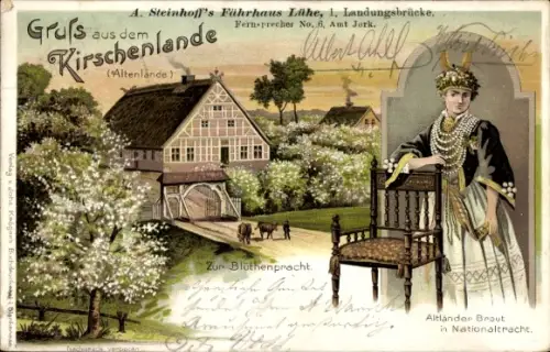 Litho Kirschenland, Blüte, Altländer Braut in Tracht