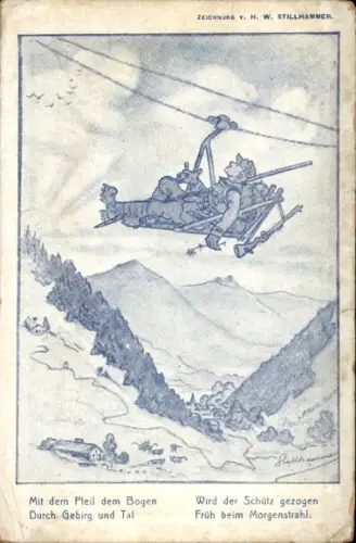 Künstler Ak Stillhammer, H. W., Seilbahn, Soldat, Hund, Mit dem Pfeil dem Bogen
