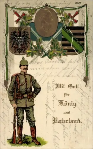 Präge Ak Deutscher Soldat, Mit Gott für König und Vaterland, Sachsen