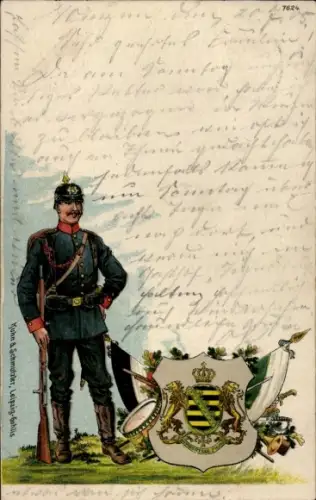 Wappen Litho Sachsen, Soldat, Infanterie, Pickelhaube, Gewehr, Gürtel, Trommel