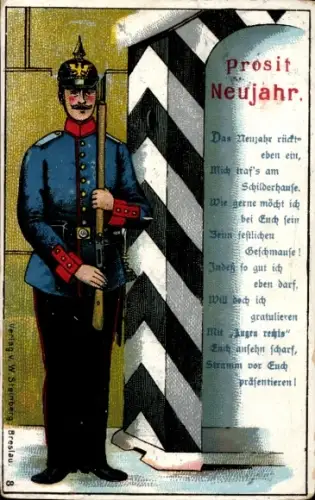 Litho Glückwunsch Neujahr, Soldat Wache haltend, Gewehr, Uniform