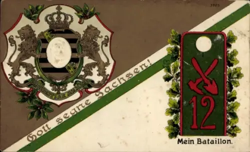 Präge Wappen Ak Gott segne Sachsen, Pionier-Bataillon 12
