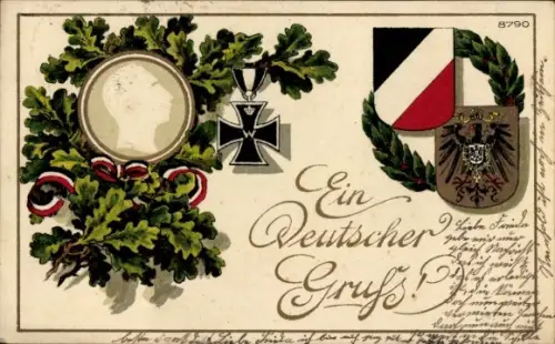 Ak Deutscher Gruß, Kaiser Wilhelm II., Eichenlaub, Wappen