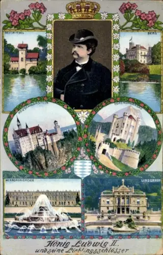 Ak König Ludwig II von Bayern, Schloss Hohenschwangau, Neuschwanstein, Schloss Berg, Linderhof
