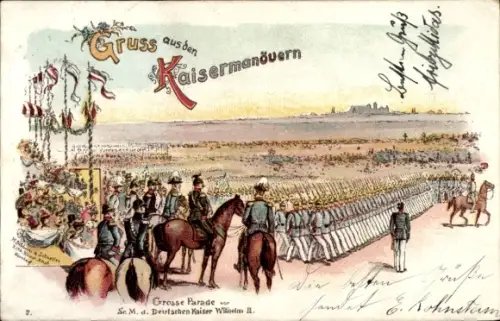 Litho Kaisermanöver 1897, Große Parade, Kaiser Wilhelm II. zu Pferd