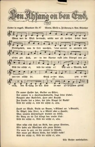 Lied Ak Ben Anfang on ben End, Erzgebirgische Mundart, Anton Günther