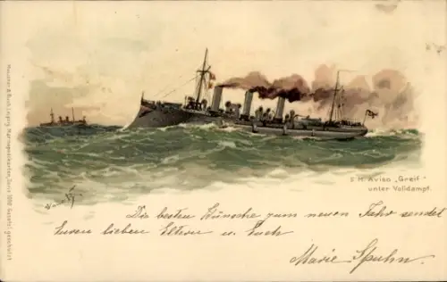 Künstler Litho Bohrdt, Hans, Deutsches Kriegsschiff, SMS Greif, Aviso