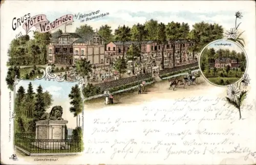 Litho Helmstedt im Brunnenthale, Hotel Waldfriede, Villa Burgberg, Löwendenkmal